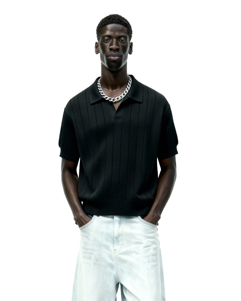 Black Striped Knitted Polo T-Shirt