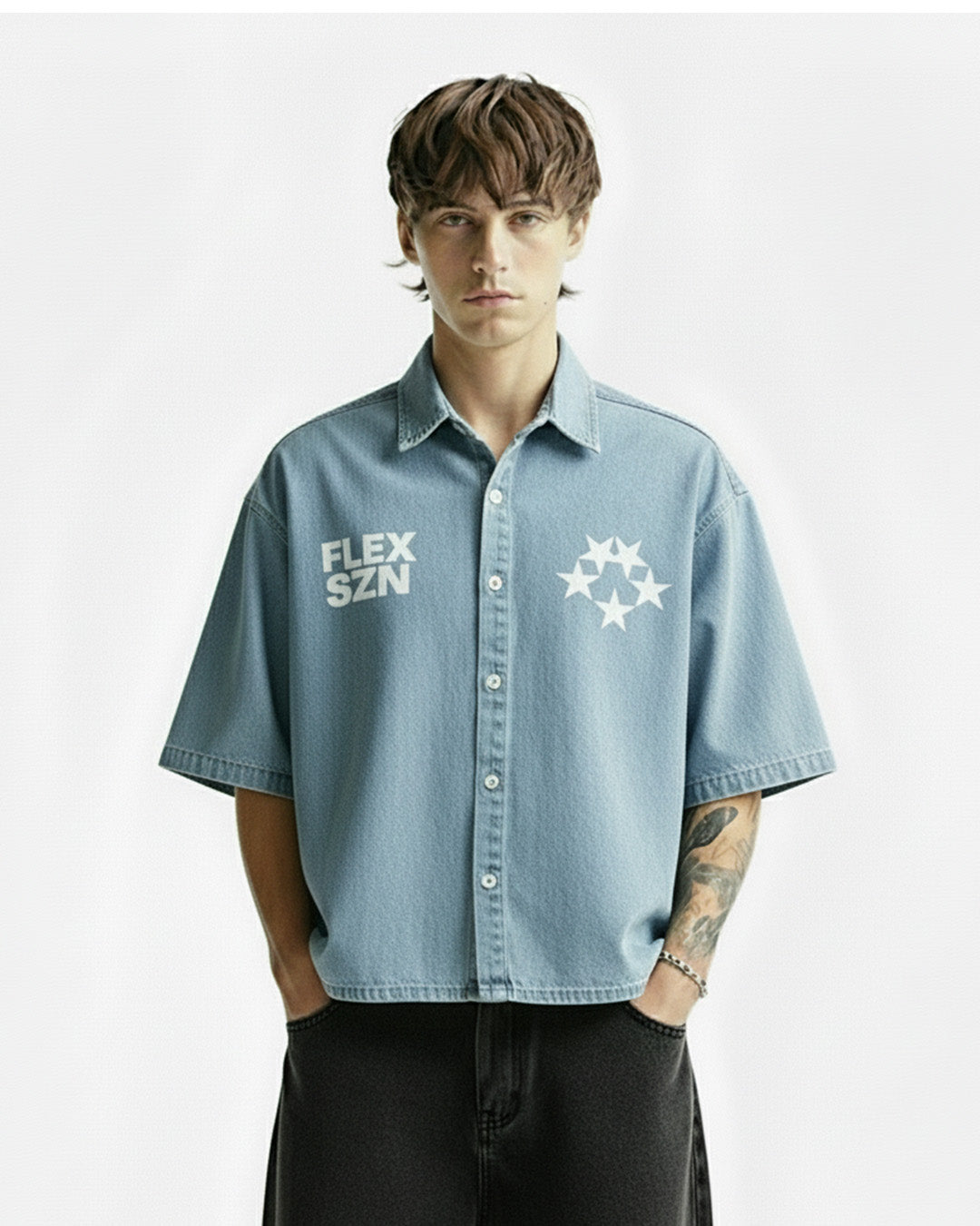 Flex Szn Blue Half Sleeve Denim Shirt