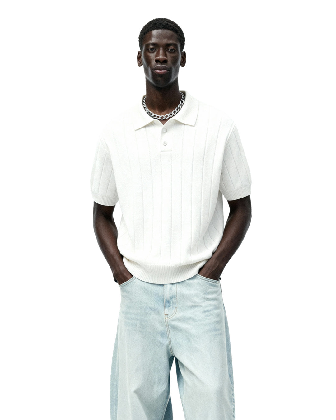 White Striped Knitted Polo T-Shirt