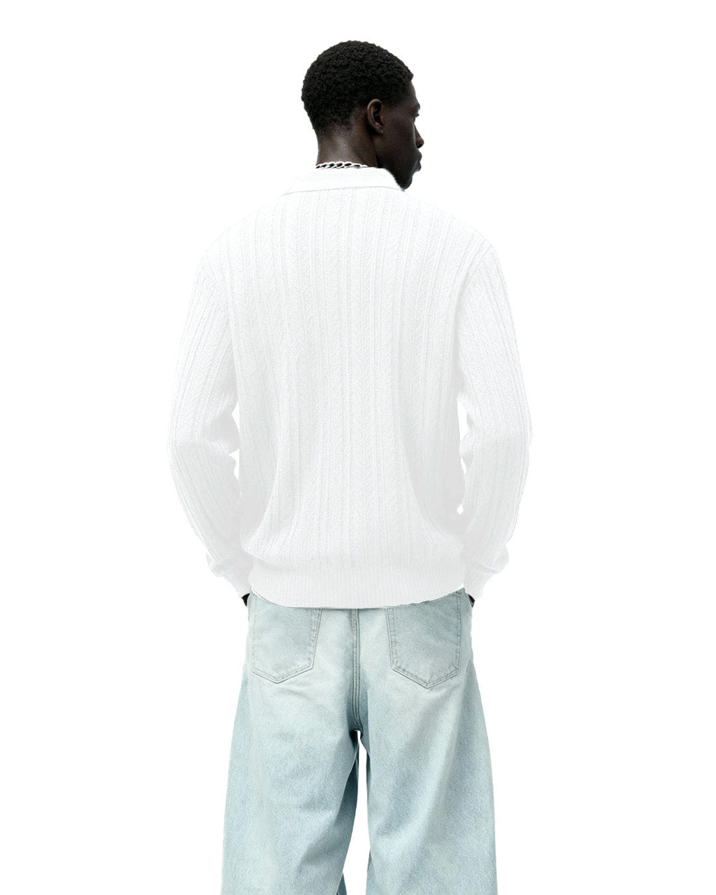 White Knitted Polo T-shirt Full Sleeve
