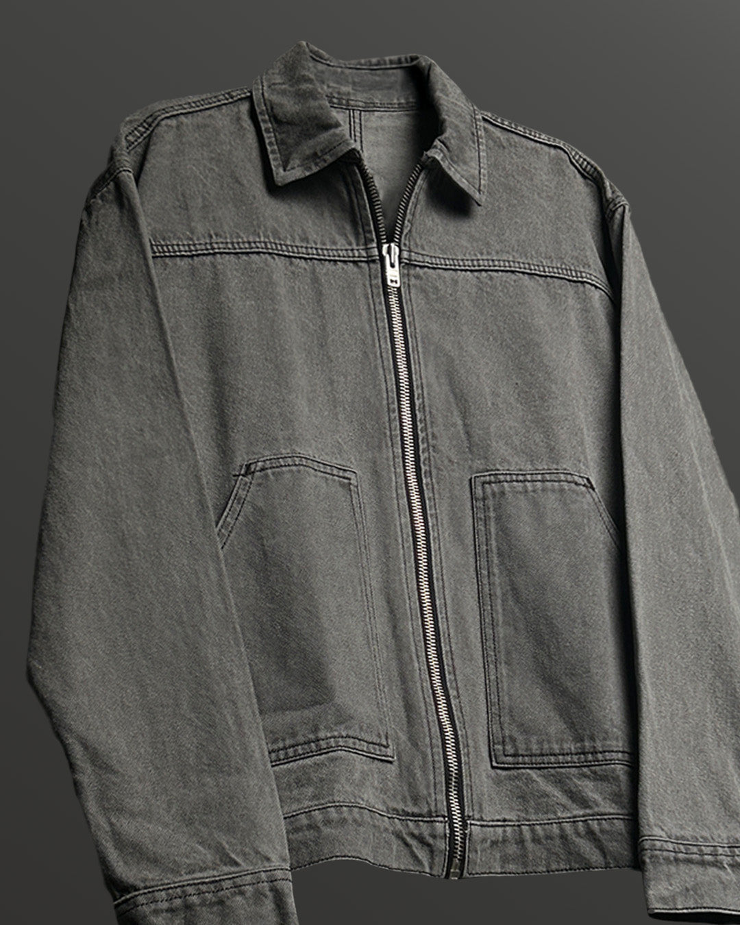 Grey Long Sleeve Stitched Denim Overshirt