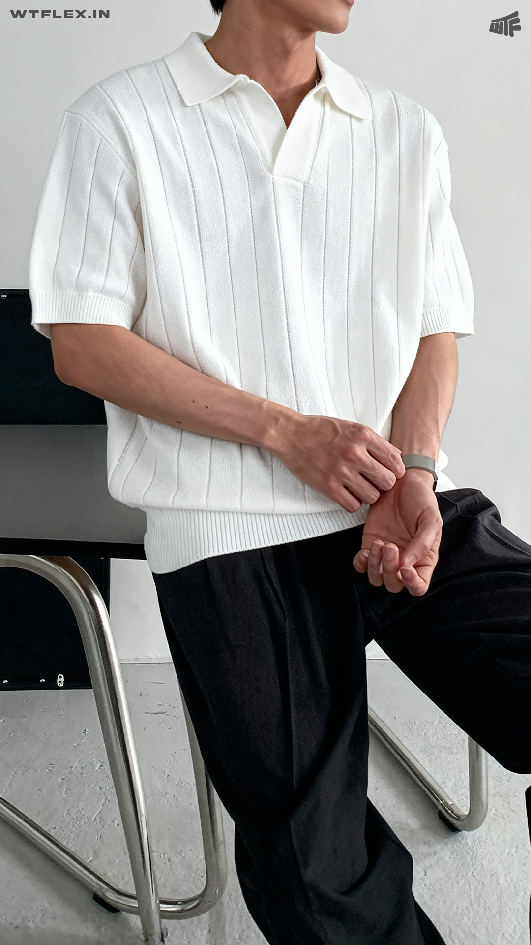 White Striped Knitted Polo T-Shirt